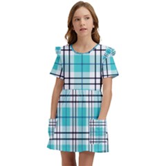 Black, white and blue turquoise plaids Kids  Frilly Sleeves Pocket Dress