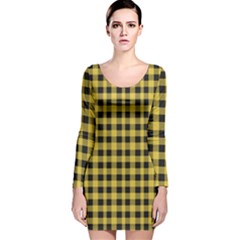 Black And Yellow Small Plaids Long Sleeve Velvet Bodycon Dress