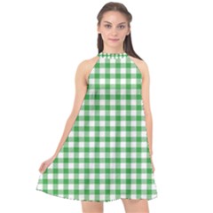 Straight Green White Small Plaids Halter Neckline Chiffon Dress  by ConteMonfrey