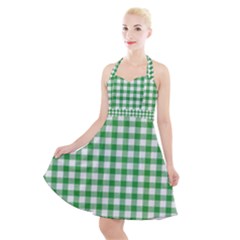 Straight Green White Small Plaids Halter Party Swing Dress  by ConteMonfrey