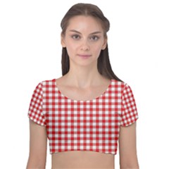 Straight Red White Small Plaids Velvet Short Sleeve Crop Top  by ConteMonfrey