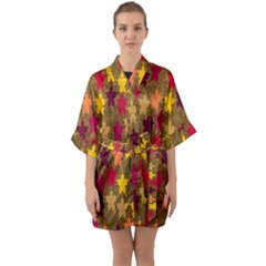 Abstract-flower Gold Half Sleeve Satin Kimono 