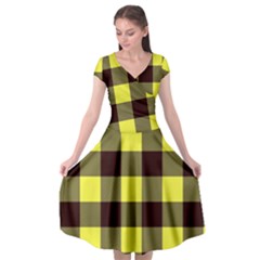 Black And Yellow Plaids Cap Sleeve Wrap Front Dress