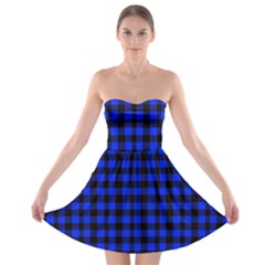 Neon Blue And Black Plaids Strapless Bra Top Dress by ConteMonfrey