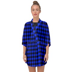 Neon Blue And Black Plaids Half Sleeve Chiffon Kimono by ConteMonfrey