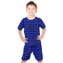Neon Blue And Black Plaids Kids  Tee And Shorts Set by ConteMonfrey