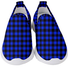 Neon Blue And Black Plaids Kids  Slip On Sneakers by ConteMonfrey