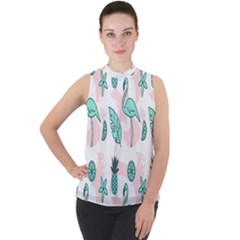 Art Geometric Mock Neck Chiffon Sleeveless Top