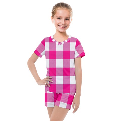 Pink And White Plaids Kids  Mesh Tee And Shorts Set by ConteMonfrey