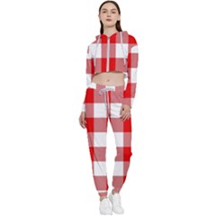 Red And White Plaids Cropped Zip Up Lounge Set