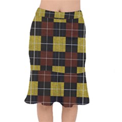 Modern Black Red Golden Plaids Short Mermaid Skirt by ConteMonfrey