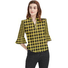 Black And Yellow Small Plaids Loose Horn Sleeve Chiffon Blouse