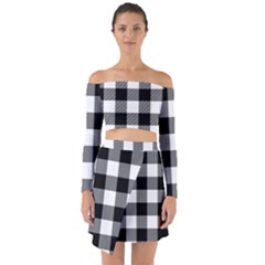 Black And White Classic Plaids Off Shoulder Top With Skirt Set