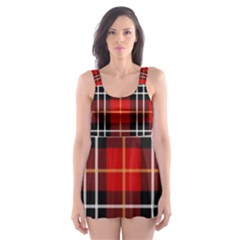 Black, White And Red Classic Plaids Skater Dress Swimsuit by ConteMonfrey