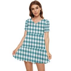 Straight Blue White Small Plaids Tiered Short Sleeve Babydoll Dress by ConteMonfrey