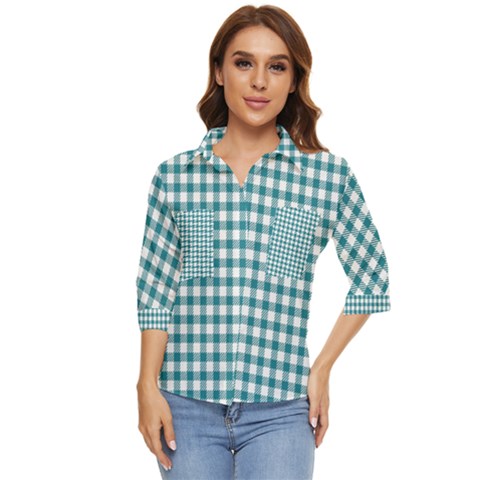 Straight Blue White Small Plaids Women s Quarter Sleeve Pocket Shirt by ConteMonfrey