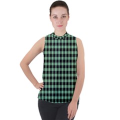 Straight Green Black Small Plaids   Mock Neck Chiffon Sleeveless Top by ConteMonfrey