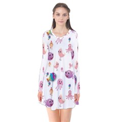 Fish Squid Bird Jellyfish Chicken Long Sleeve V-neck Flare Dress by Wegoenart