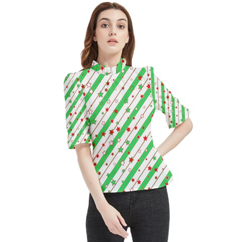 Christmas Xmas Green Stars Background Star Frill Neck Blouse by Wegoenart