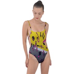 Doodles,gray Tie Strap One Piece Swimsuit