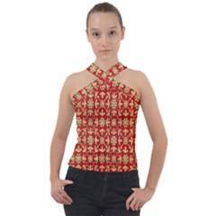 Gold-red Flower Cross Neck Velour Top by nateshop