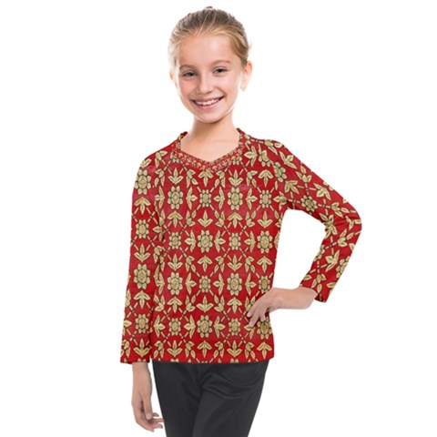 Gold-red Flower Kids  Long Mesh Tee by nateshop