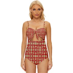 Gold-red Flower Knot Front One-piece Swimsuit