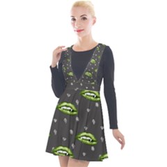 Green Vampire Mouth - Halloween Modern Decor Plunge Pinafore Velour Dress by ConteMonfrey