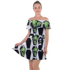 Coffins And Skulls - Modern Halloween Decor  Off Shoulder Velour Dress by ConteMonfrey