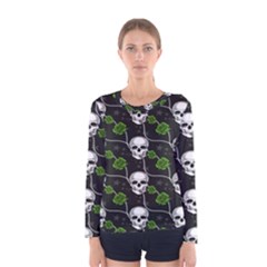 Green Roses And Skull - Romantic Halloween   Women s Long Sleeve Tee