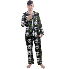 Green Roses And Skull - Romantic Halloween   Men s Long Sleeve Satin Pajamas Set by ConteMonfrey