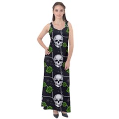 Green Roses And Skull - Romantic Halloween   Sleeveless Velour Maxi Dress by ConteMonfrey