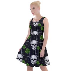 Green Roses And Skull - Romantic Halloween   Knee Length Skater Dress