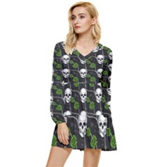 Green Roses And Skull - Romantic Halloween   Tiered Long Sleeve Mini Dress