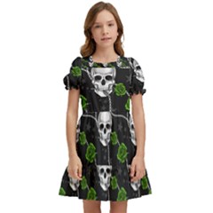 Green Roses And Skull - Romantic Halloween   Kids  Puff Sleeved Dress by ConteMonfrey