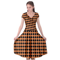 Halloween Black Orange Plaids Cap Sleeve Wrap Front Dress