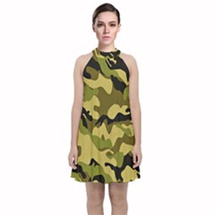 Army Camouflage Texture Velvet Halter Neckline Dress  by nateshop