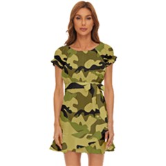 Army Camouflage Texture Puff Sleeve Frill Dress