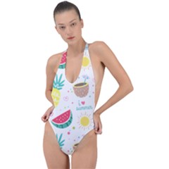 Pineapple And Watermelon Summer Fruit Backless Halter One Piece Swimsuit