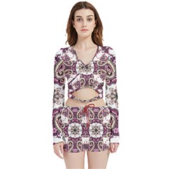 Multicolored Pattern Illustration Purple Peacock Velvet Wrap Crop Top And Shorts Set by Jancukart