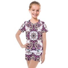 Multicolored Pattern Illustration Purple Peacock Kids  Mesh Tee And Shorts Set