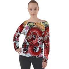 Drawing Red Dragon Legendary Off Shoulder Long Sleeve Velour Top by Jancukart