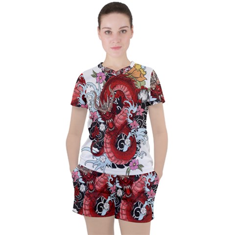 Drawing Red Dragon Legendary Women s Tee And Shorts Set by Jancukart