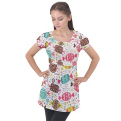 Candy Background Cartoon Puff Sleeve Tunic Top by Jancukart