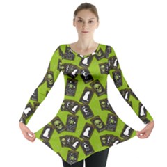 Cats And Skulls - Modern Halloween  Long Sleeve Tunic  by ConteMonfrey