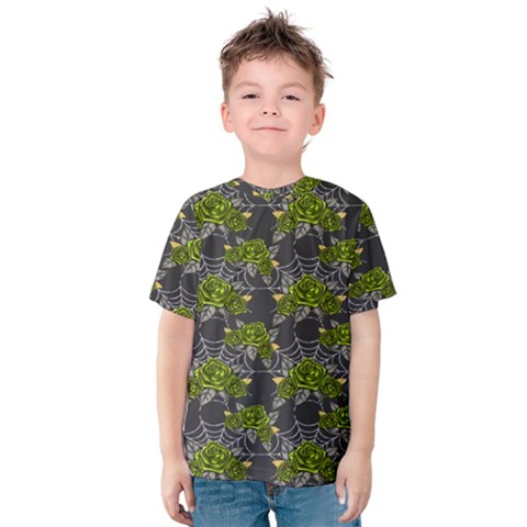 Halloween - Green Roses On Spider Web  Kids  Cotton Tee by ConteMonfrey