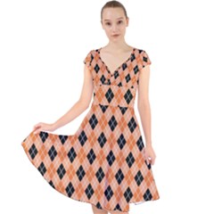 Halloween Inspired Black Orange Diagonal Plaids Cap Sleeve Front Wrap Midi Dress