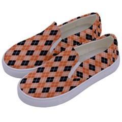 Halloween Inspired Black Orange Diagonal Plaids Kids  Canvas Slip Ons by ConteMonfrey