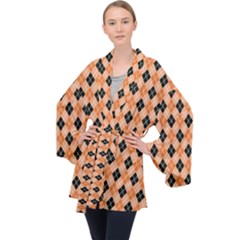 Halloween Inspired Black Orange Diagonal Plaids Long Sleeve Velvet Kimono 