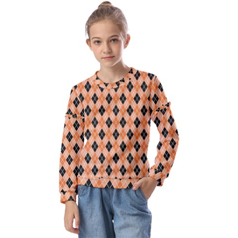 Halloween Inspired Black Orange Diagonal Plaids Kids  Long Sleeve Tee With Frill  by ConteMonfrey